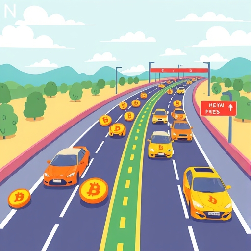 ภาพประกอบน่ารักแสดงแนวคิดหลักของ BNB Chain เป็นทางหลวงดิจิทัลสำหรับการเงิน โดยโทเค็น BNB แล่นเร็วผ่านเลนพิเศษแทนความเร็วและค่าธรรมเนียมต่ำ