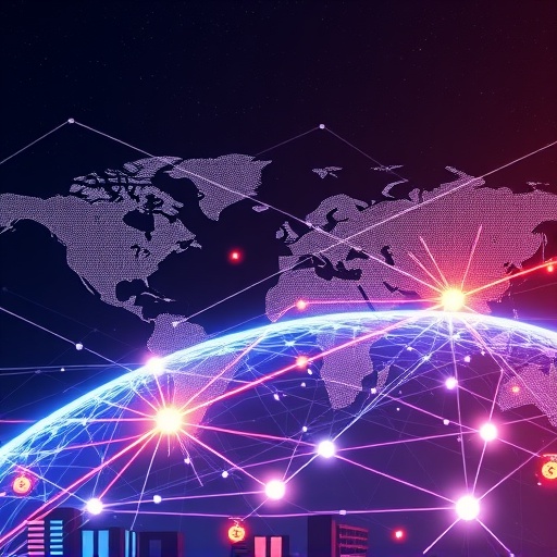 ภาพไดนามิกที่แสดงการไหลของสินทรัพย์ดิจิทัลและธุรกรรมทั่วโลกที่แสดงถึงประสิทธิภาพและความเร็วของ Hedera