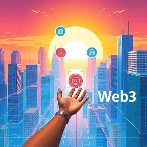 ภาพเมืองอนาคตสไตล์ดิจิทัลสื่อถึงวิวัฒนาการ Web3 ด้วยสินทรัพย์ลอยตัวที่ผู้ใช้โต้ตอบ