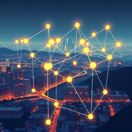 ภาพวาดสไตล์เครือข่ายโหนดเชื่อมต่อกันเรืองแสงเป็นเครือข่าย Oracle กระจายศูนย์เหนือเมืองดิจิทัลสำหรับ Chainlink