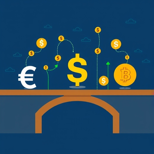 ภาพประกอบสไตล์สะพานเชื่อมสัญลักษณ์สกุลเงินดั้งเดิมกับไอคอนคริปโตเคอร์เรนซีด้วยโซ่ที่มั่นคง แทนบทบาทของ USDT ในฐานะตัวเชื่อมที่เสถียรในระบบนิเวศทางการเงินที่พลวัต