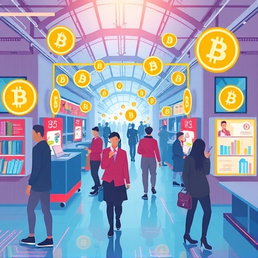 ภาพประกอบสไตล์ที่แสดงตลาดดิจิทัลคึกคักด้วยผู้คนทำธุรกรรมรวดเร็วโดยใช้เหรียญ BCH ที่เรืองแสง บรรยากาศมีพลังและล้ำสมัยด้วยแสงอุ่นนุ่มนวล