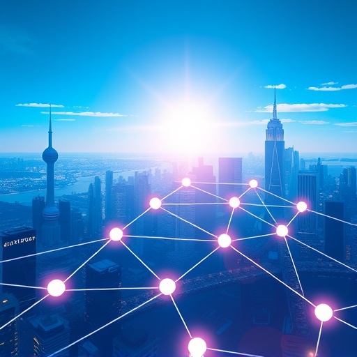 ภาพประกอบสไตล์อนาคตของสมุดบันทึกดิจิทัลที่เชื่อมต่อกันด้วยเทคโนโลยี Hashgraph ของ Hedera บนพื้นหลังเมืองที่สว่างไสวใต้ท้องฟ้าสีฟ้า