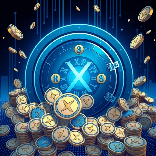ภาพประกอบตู้นิรภัยดิจิทัลที่ปลอดภัยล้นด้วยเหรียญ XRP สื่อถึงโทเค็นโนมิกส์ อุปทานขุดล่วงหน้า และกลไกเงินฝืดอย่างละเอียด