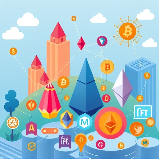 ภาพประกอบระบบนิเวศ dApps บน Ethereum ที่คึกคักด้วยไอคอน DeFi NFT และการเชื่อมต่อนวัตกรรม