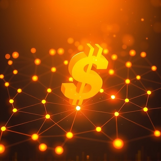 ภาพประกอบดอลลาร์สังเคราะห์ Ethena USDe บนเครือข่ายบล็อกเชนที่เชื่อมต่อกันอย่างปลอดภัย แสดงถึงนวัตกรรม DeFi