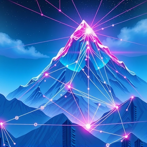 ภาพประกอบอันตระการตาของหิมะถล่มยักษ์ที่สื่อถึงการเติบโตอันรวดเร็วของบล็อกเชน Avalanche (AVAX) กับโหนดเชื่อมต่อที่ส่องแสง