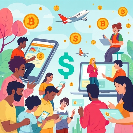 ภาพประกอบสดใสแสดงผู้คนหลากหลายโต้ตอบอินเทอร์เฟซสกุลเงินดิจิทัลบนอุปกรณ์ สื่อถึงการเข้าถึงและใช้งาน USDT ข้ามบล็อกเชนในบรรยากาศ乐观
