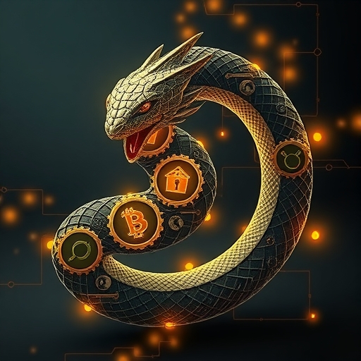 ภาพประกอบ Ouroboros โปรโตคอล Proof of Stake ของ Cardano ที่เป็นงูยักษ์พันเกียร์และโหนดเรืองแสง สื่อถึงความปลอดภัยและการกระจายอำนาจ