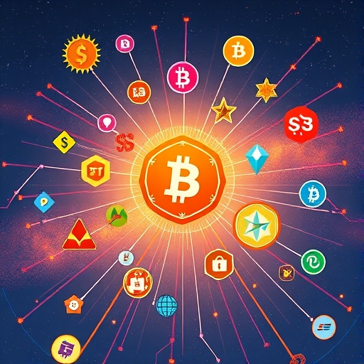 ภาพประกอบสินทรัพย์ดิจิทัลหลากหลายอย่าง NFT และ DeFi ที่รวมตัวกันบนบล็อกเชน Solana แสดงถึงระบบนิเวศที่เติบโตและนวัตกรรมเทคโนโลยี