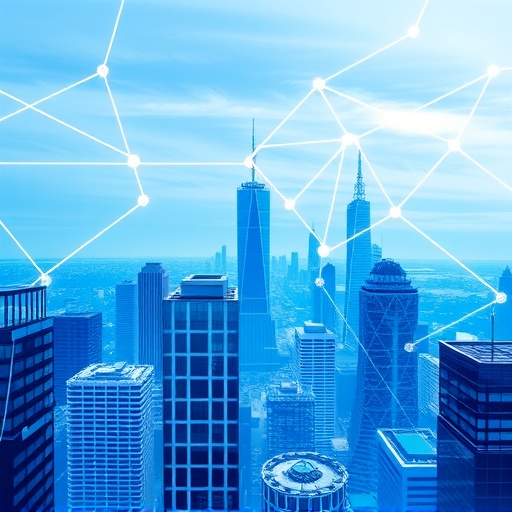 ภาพเมืองอนาคตอันงดงามที่สร้างจากบล็อกดิจิทัลเชื่อมต่อกัน สื่อถึงสถาปัตยกรรม Subnets ที่ปรับขนาดได้ของบล็อกเชน Avalanche