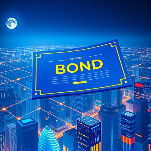 ภาพศิลปะพันธบัตรอินเทอร์เน็ตของ Ethena USDe ที่แผ่ขยายในเมืองอนาคต สื่อถึงผลตอบแทนสูงและนวัตกรรม DeFi