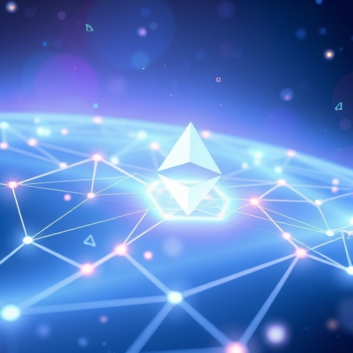 ภาพนามธรรมเรืองแสงของเครือข่ายบล็อกเชน Ethereum ที่เชื่อมต่อโหนดข้อมูลลอยอยู่ในอวกาศดิจิทัล