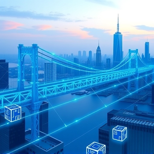 ภาพประกอบสะพานดิจิทัลสีน้ำเงินเชื่อมต่อเครือข่ายบล็อกเชนกับเมืองโลกจริงพร้อมข้อมูลการเงินไหลเวียนสำหรับ Chainlink