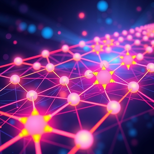 ภาพประกอบเครือข่ายบล็อกเชน Solana ที่เชื่อมต่อกันด้วยโหนดเรืองแสง แสดงถึงความเร็วสูงและปริมาณงานมหาศาลของ Solana