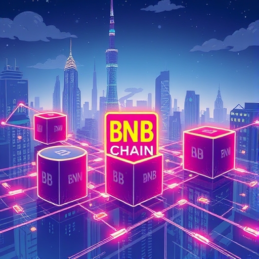 ภาพวาดสไตล์ประกอบแสดงระบบนิเวศดิจิทัลที่คึกคักของ BNB Chain ด้วยบล็อกเชื่อมต่อกันและพลังงานไหลเวียนแทนการทำธุรกรรมและสัญญาอัจฉริยะในฉากหลังเมืองอนาคต