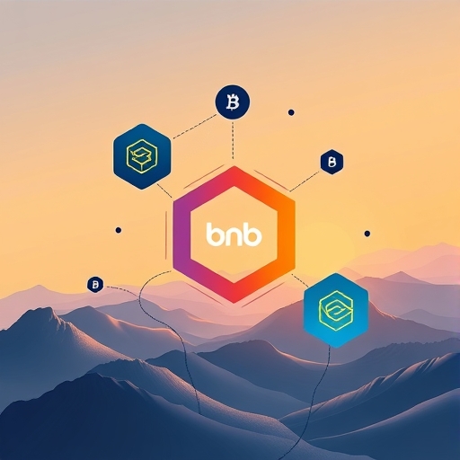ภาพประกอบสร้างสรรค์แสดงการรวมเทคโนโลยี BNB Chain เช่น opBNB และ Greenfield ด้วยรูปร่างเรขาคณิตแทนการจัดเก็บกระจายอำนาจและ Layer 2 scaling