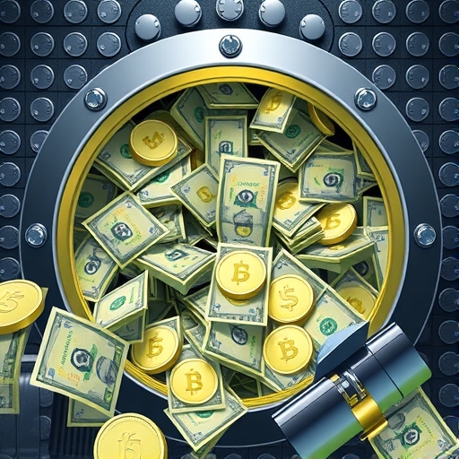 ภาพศิลปะของห้องนิรภัยที่มั่นคงล้นทะลักด้วยธนบัตรดอลลาร์สหรัฐและเหรียญ USDC ใสโปร่งแสง สื่อถึงเงินสำรองที่มั่นคง