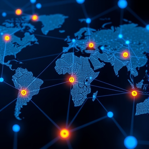 ภาพประกอบดิจิทัลสะอาดตาของโหนดเครือข่ายโลกที่เชื่อมต่อกัน ส่องแสงด้วยเส้นทางแสงเชื่อมโยงสินทรัพย์ดิจิทัลรวมถึงเหรียญ USDC