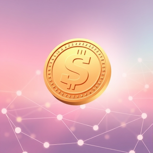 ภาพประกอบศิลปะของเหรียญดอลลาร์ดิจิทัลชื่อ USDC ลอยอย่างสงบเหนือพื้นหลังเครือข่ายบล็อกเชน