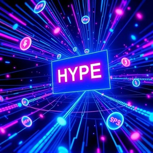 ภาพประกอบบล็อกเชน Hyperliquid ความเร็วสูงพร้อมสตรีมข้อมูลเรืองแสงเชื่อมต่อสัญลักษณ์การซื้อขายและโลโก้ HYPE ในสไตล์ไซเบอร์พังก์