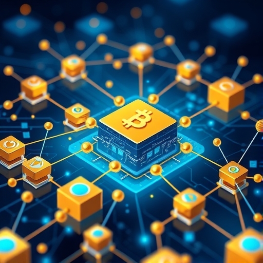 ภาพประกอบระบบเงินสดดิจิทัลแบบกระจายอำนาจของ Bitcoin ที่โหนดต่าง ๆ เชื่อมต่อกันอย่างปลอดภัยในเครือข่ายทั่วโลก