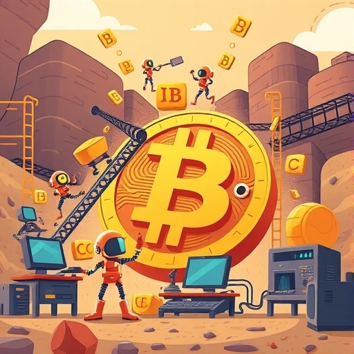 ภาพประกอบกระบวนการขุด Bitcoin ที่น่ารักด้วยหุ่นยนต์และคอมพิวเตอร์แก้ปริศนาบล็อกเชนในโทนสีอบอุ่น