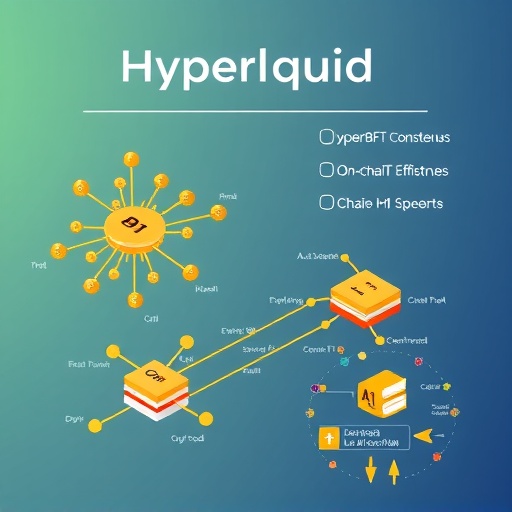 ภาพอินโฟกราฟิกสไตล์ Hyperliquid แสดงองค์ประกอบหลักอย่าง HyperBFT และสมุดคำสั่ง On-chain บนบล็อกเชน L1