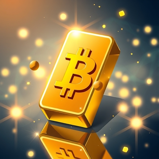 ภาพประกอบแท่งทองคำดิจิทัลของ Bitcoin ที่เป็นสัญลักษณ์แห่งการเก็บรักษามูลค่าด้วยรูปทรงเรขาคณิตเรืองแสง