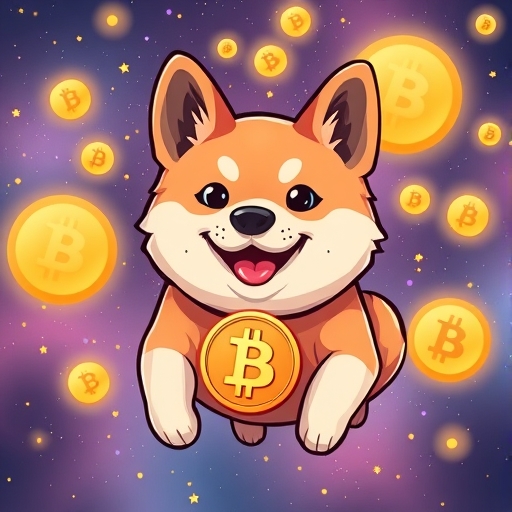 ภาพประกอบสุนัขชิบะอินุร่าเริงสวมเหรียญ Dogecoin ลอยอยู่ในอวกาศที่เต็มไปด้วยสัญลักษณ์ Bitcoin และ Dogecoin สีพาสเทลอ่อนนุ่มบรรยากาศเป็นมิตร