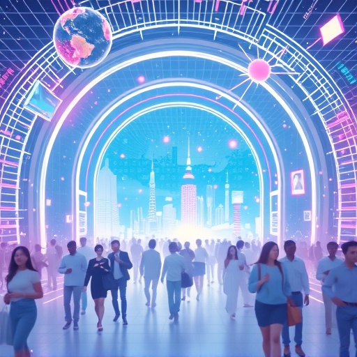 ภาพประกอบประตูดิจิทัลที่เปิดออกพร้อมฝูงชนหลากหลายจากเอเชียก้าวผ่านสู่โลก Web3 ที่เต็มไปด้วยแอปกระจายอำนาจและองค์ประกอบอนาคตในโทนสีพาสเทลอ่อนโยน