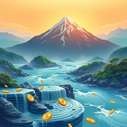 ภาพประกอบแม่น้ำไหลของสกุลเงินดิจิทัลที่ไหลลงจากยอดเขาสื่อถึงการเติบโตมั่นคงของบล็อกเชนพร้อมองค์ประกอบ風景เอเชียละเอียดอ่อนและรัศมีทองคำแห่งความมั่งคั่ง