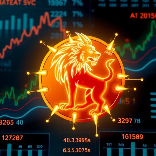 ภาพประกอบเหรียญสิงห์ศักดิ์สิทธิ์ LEO ที่เปล่งแสงสัญลักษณ์ความมั่นคงและการเติบโตในตลาดคริปโต