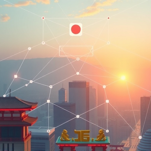 ภาพประกอบเครือข่ายบล็อกเชนสไตล์เอเชียที่รวมสัญลักษณ์เกาหลีและญี่ปุ่นด้วยเส้นเรืองแสงเชื่อมต่อกันในเมืองอนาคตยามเช้าที่สว่างไสว