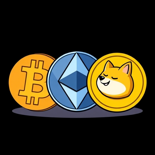 ภาพประกอบโลโก้สกุลเงินดิจิทัลสามตัว Bitcoin Ethereum และ Dogecoin โดย Dogecoin ใหญ่กว่าและเด่นชัด สื่อถึงเอกลักษณ์เหรียญมีมและการยอมรับระดับโลก สไตล์การ์ตูน สดใสน่าดึงดูด