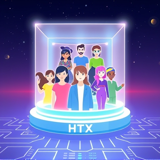 ภาพกลุ่มอวตารดิจิทัลหลากหลายเข้าร่วมโหวตกำกับดูแลในอินเตอร์เฟซ holographic อนาคตเหนือแพลตฟอร์ม HTX