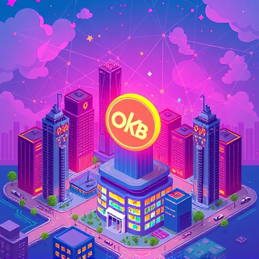 ภาพเมืองขนาดย่อขับเคลื่อนด้วยบล็อกเชนโทเค็น OKB ส่องสว่างตรงกลางสไตล์อนาคตสดใสสำหรับโทเค็นโนมิกส์