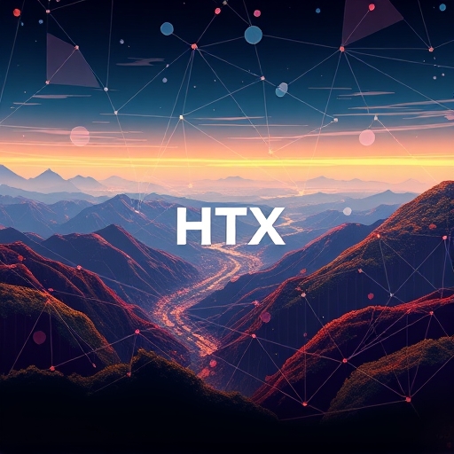ภาพพาโนรามาของระบบนิเวศดิจิทัลเชื่อมต่อกันของ HTX ที่มีโลโก้ HTX และรูปร่างเรขาคณิตแทนการกำกับดูแลและการมีส่วนร่วมของชุมชน
