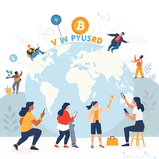ภาพประกอบอนาคตของ PYUSD ที่แสดงผู้ใช้หลากหลายโต้ตอบกับสเตเบิลคอยน์ผ่านอุปกรณ์มือถือทั่วโลก