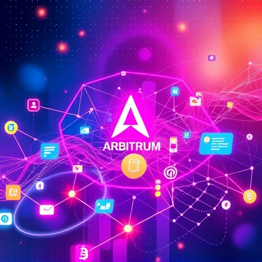 ภาพวาดดิจิทัลที่สดใสแสดงระบบนิเวศ Arbitrum ด้วย dApps DeFi ต่างๆ เชื่อมต่อกันด้วยเส้นเรืองแสง เน้นการเติบโตและการมีส่วนร่วมของชุมชน