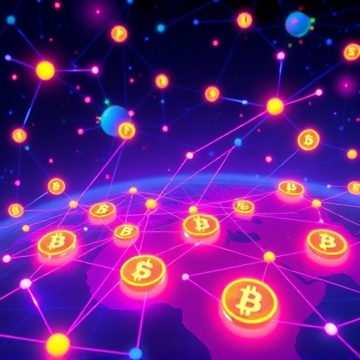 ภาพประกอบ Uniswap DEX การแลกเปลี่ยนกระจายอำนาจที่ใหญ่ที่สุดในโลกบนเครือข่าย Ethereum ด้วยสัญลักษณ์คริปโตเรืองแสงและโหนดเชื่อมต่อทั่วโลก
