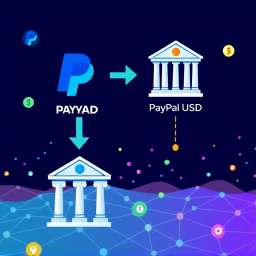 ภาพประกอบการทำธุรกรรมที่ราบรื่นของ PayPal USD (PYUSD) ที่เคลื่อนย้ายระหว่างธนาคารดั้งเดิมและ dApps การเงินกระจายอำนาจบนบล็อกเชน