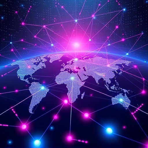 ภาพประกอบโลกคอมพิวเตอร์แบบกระจายอำนาจของ Internet Computer (ICP) เชื่อมต่อโหนดทั่วโลกด้วยกระแสข้อมูลเรืองแสง