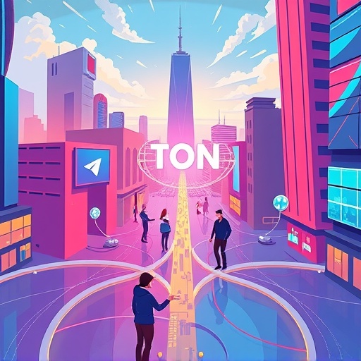 ภาพประกอบที่สดใสของเครือข่ายบล็อกเชน TON ที่เชื่อมต่อกับแอป Telegram อย่างราบรื่น แสดงผู้ใช้ทั่วโลกโต้ตอบกับสินทรัพย์ดิจิทัลในเมืองอนาคต