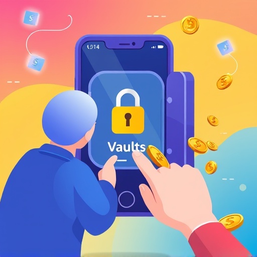ภาพประกอบผู้ใช้กำลังโต้ตอบกับตู้นิรภัยดิจิทัลชื่อ Vaults บนหน้าจอสมาร์ทโฟน ไอคอนล็อคแสดงความปลอดภัย และกระแสสกุลเงินดิจิทัลไหลออกมาในระบบ DAI