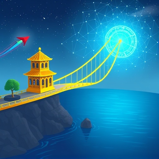 ภาพประกอบสะพานทองคำเชื่อมโยงธนาคารการเงินดั้งเดิมกับเครือข่าย DeFi ที่สว่างไสวเพื่อ WLFI