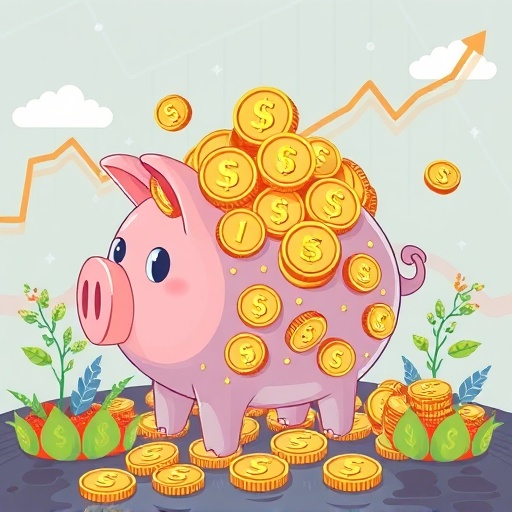 ภาพประกอบกระปุกออมสินดิจิทัลล้นด้วยเหรียญ USD1 Stablecoin พร้อมกราฟขึ้นและต้นไม้เติบโต สื่อถึงการเติบโตทางการเงินที่มั่นคง
