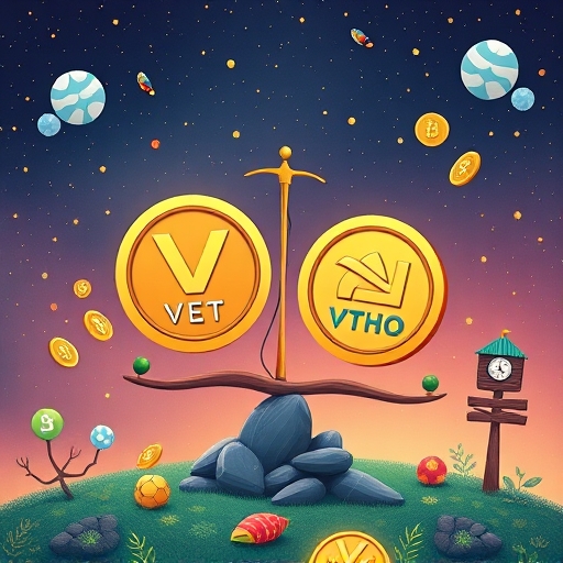 ภาพประกอบแฟนตาซีที่แสดงระบบโทเค็นคู่ของ VeChain คือ VET และ VTHO ที่สมดุลระหว่างมูลค่าลงทุนและต้นทุนธุรกรรมในระบบนิเวศยั่งยืน