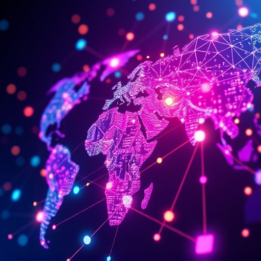 ภาพประกอบศิลปะของเครือข่ายดิจิทัลที่สดใส สื่อถึงเทคโนโลยีบล็อกเชน VeChain ที่เชื่อมต่อห่วงโซ่อุปทานทั่วโลกด้วยข้อมูลโปร่งใส