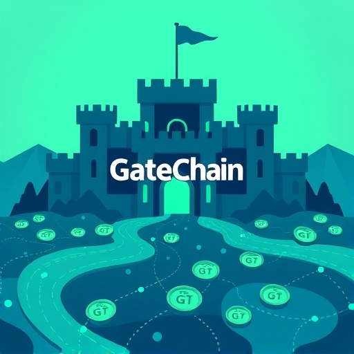 ภาพศิลปะของป้อมดิจิทัลสไตล์ GateChain ที่มีแม่น้ำโทเค็น GT ไหลรอบตัว สื่อถึงความปลอดภัยและธุรกรรมที่มีประสิทธิภาพ โทนสีน้ำเงินและเขียวเย็น